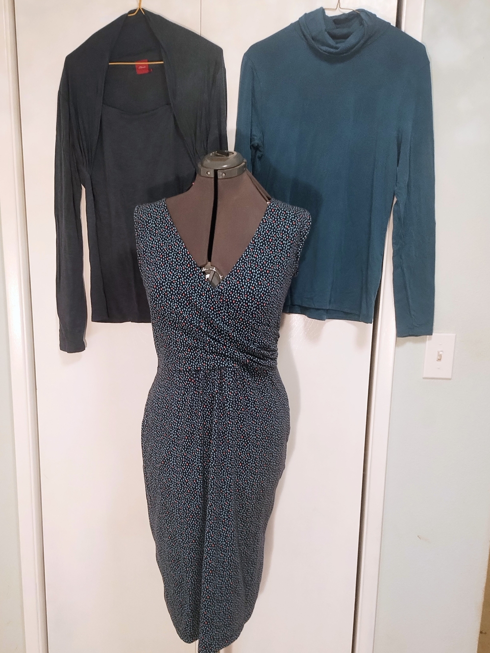 Sleeveless Midi Wrap Dress in Dark Teal Dot Print With Two Shirts